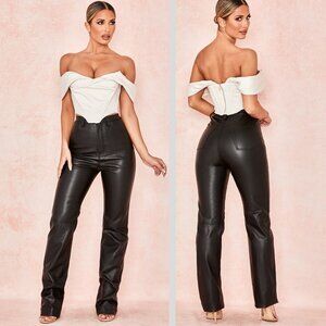 House of CB Black Faux Leather High-Waist Trousers with Off-White Corset Top